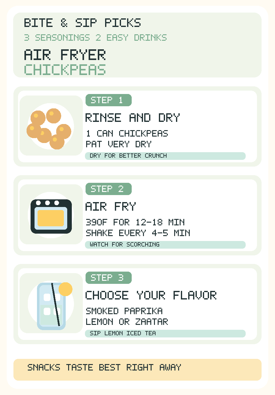 Mobile infographic air-fryer chickpeas drain and dry, air fry 390F about 12 to 18 minutes, choose smoked paprika lemon pepper or zaatar seasonings and iced tea
