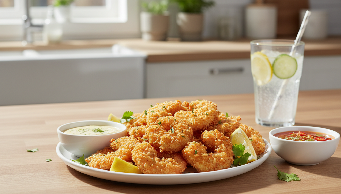 Illustrative crispy panko breaded shrimp with citrus and two dipping sauces.