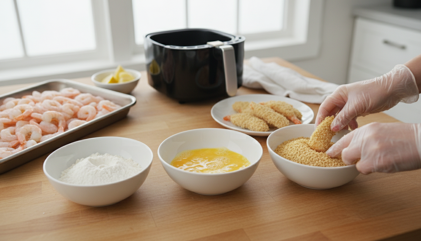 Raw peeled shrimp being coated in panko, with flour and beaten egg in separate preparation bowls