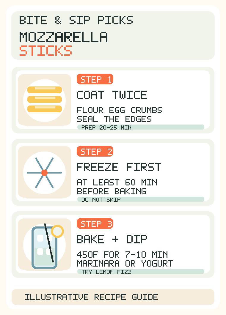English step-by-step infographic for baked mozzarella: coat twice, freeze at least 60 minutes, bake at 450 F and serve with marinara or yogurt dip