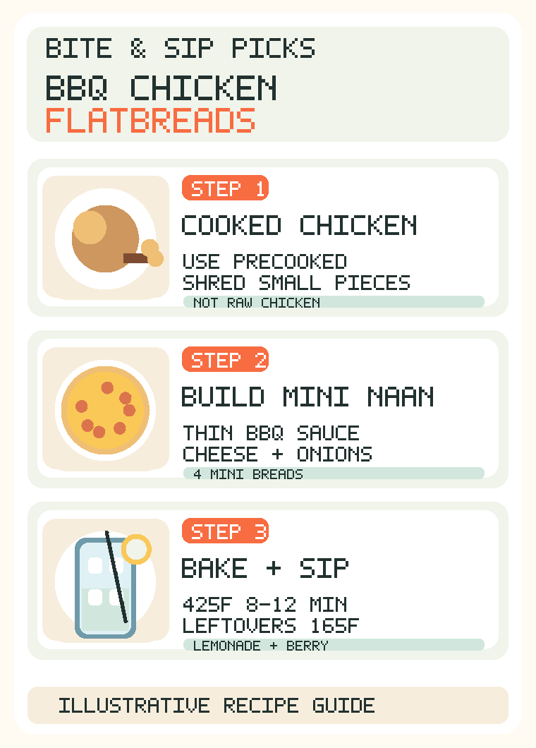English mini BBQ chicken flatbread infographic using cooked chicken, adding sauce cheese and onion, bake at 425 F for 8-12 minutes and reheat leftovers to 165 F