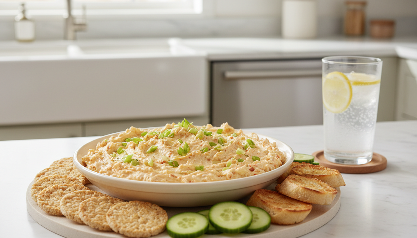 Illustrative finished Korean-inspired kimchi cream cheese dip garnished with scallions, crackers and citrus water.
