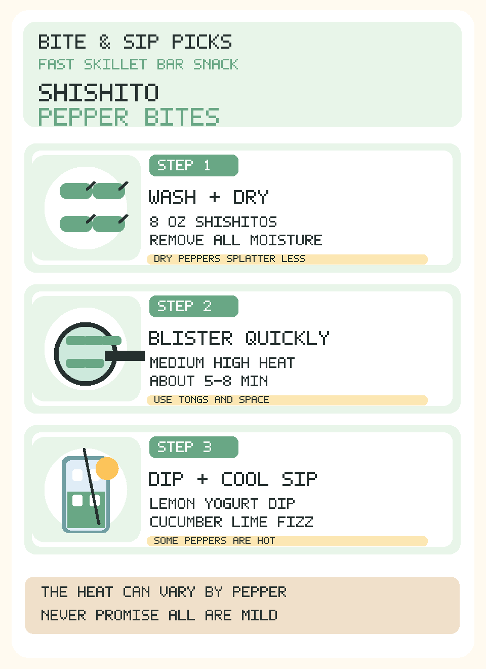 Mobile English infographic blistered shishito peppers, dry fresh peppers, skillet blister roughly 5-8 minutes, serve lemon yogurt dip and cucumber fizz, occasional pepper may be hot