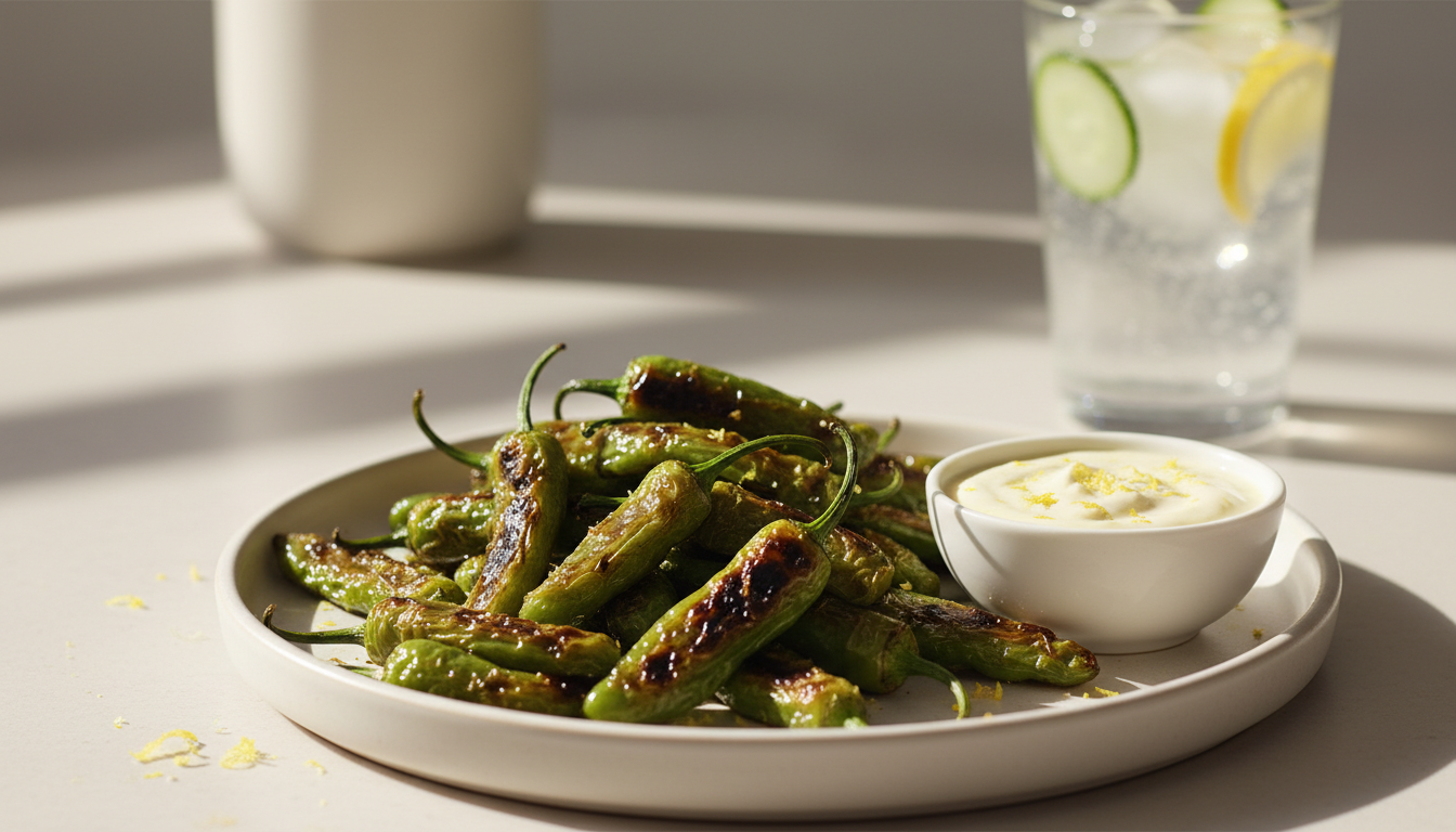 Illustrative finished skillet-blistered shishito peppers served with lemon yogurt dip.