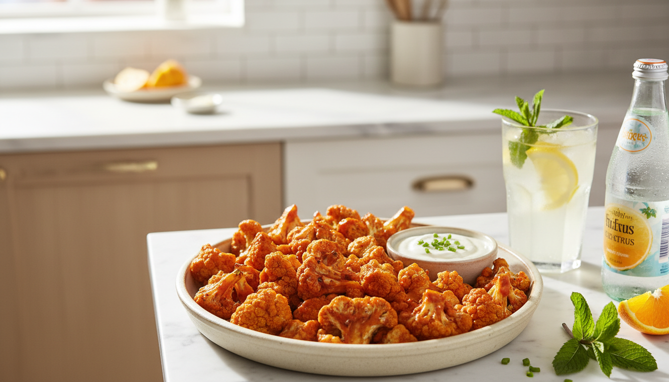 Illustrative crispy roasted cauliflower coated in Buffalo sauce with cooling drinks.