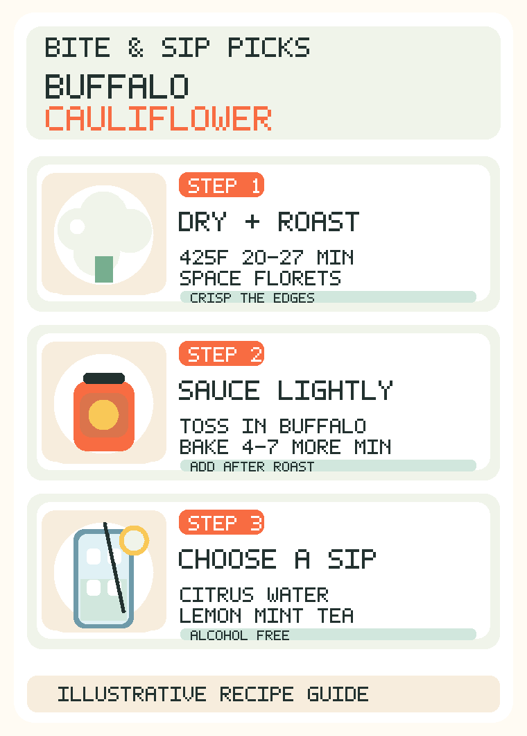 English buffalo cauliflower infographic dry florets, roast at 425 F 20-27 minutes, toss lightly in buffalo sauce, bake 4-7 more minutes and serve with citrus water