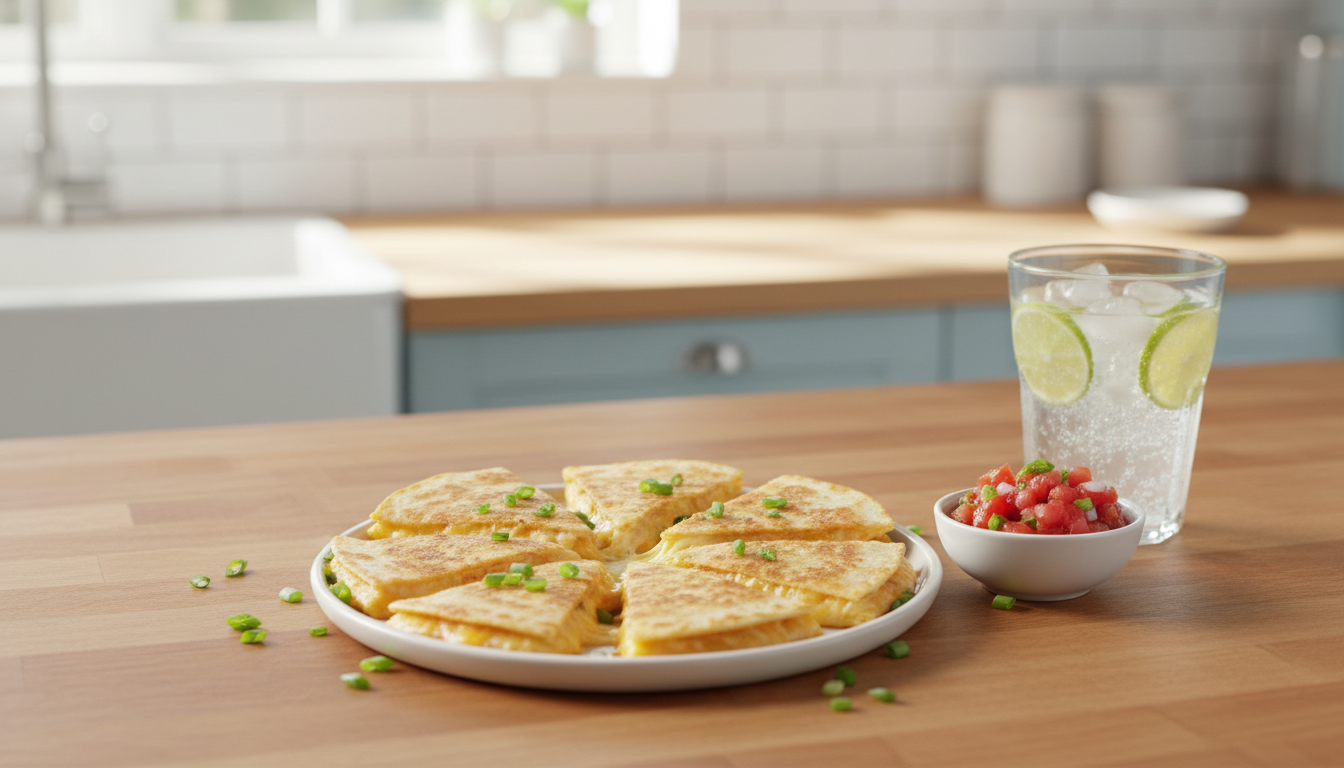 Golden cheese quesadilla bites with salsa and lime sparkling water