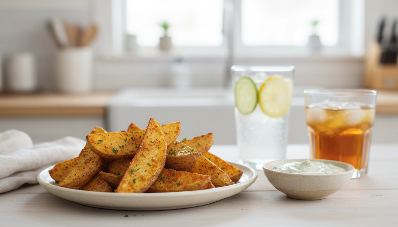 Illustrative paprika seasoned golden thick potato wedges served with lemon yogurt dip.