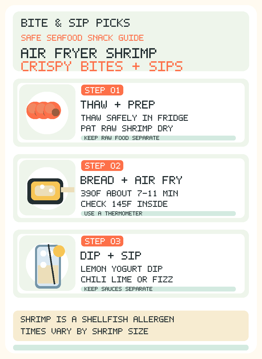 English shrimp recipe infographic: safely thaw raw shrimp, bread lightly and air fry at 390F for about 7 to 11 minutes until seafood reaches 145F, pair with lemon dip and citrus drink
