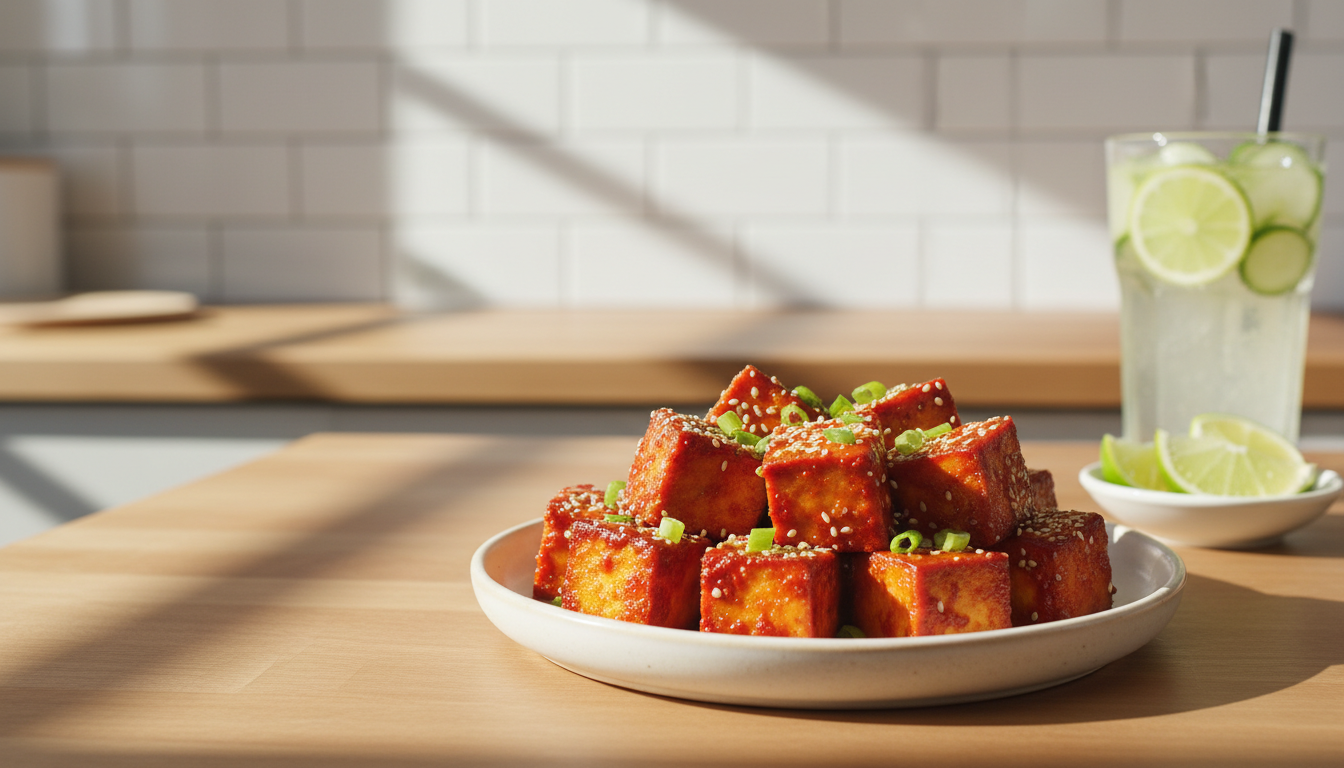 Illustrative crispy oven-style tofu bites with gochujang glaze and sesame garnish.