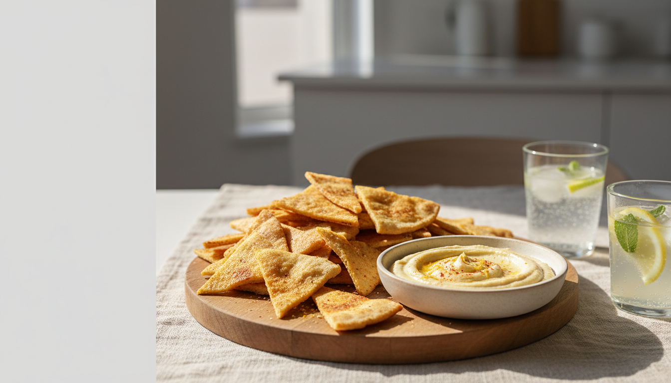 Illustrative crisp homemade pita chips served with creamy lemon hummus and citrus drinks.