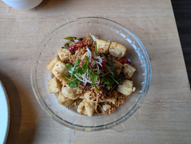 Crispy golden tofu dish; illustrative appearance, not a gochujang-coated recipe test