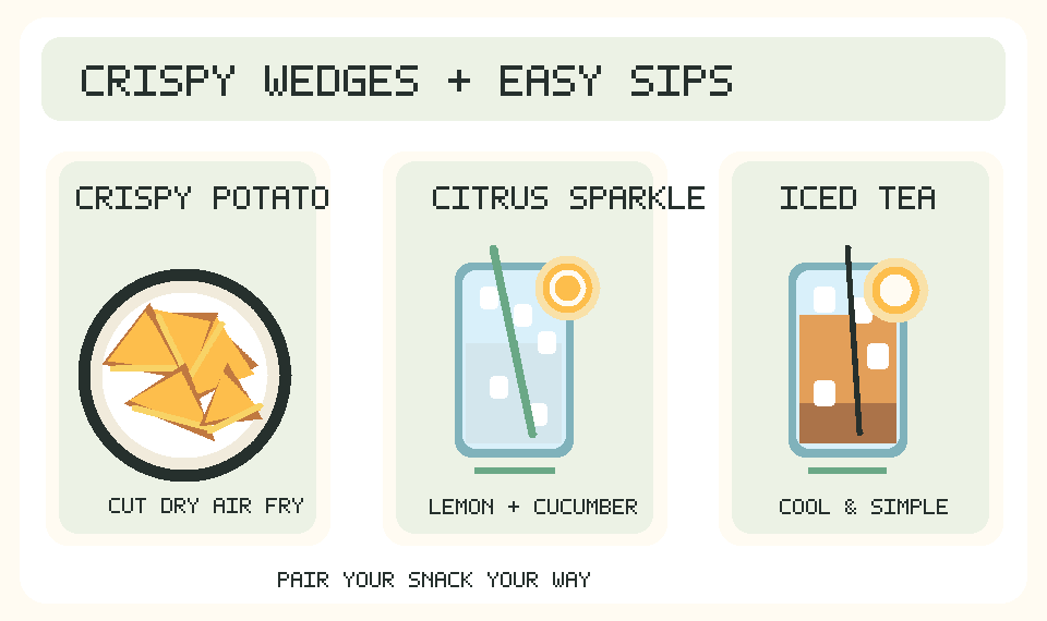 Easy snack pairing illustration: crispy potato wedges, lemon-cucumber sparkle and iced tea