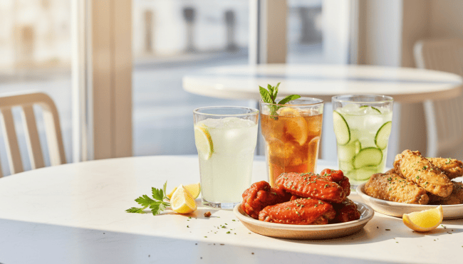 Wings with citrus lemonade and iced tea