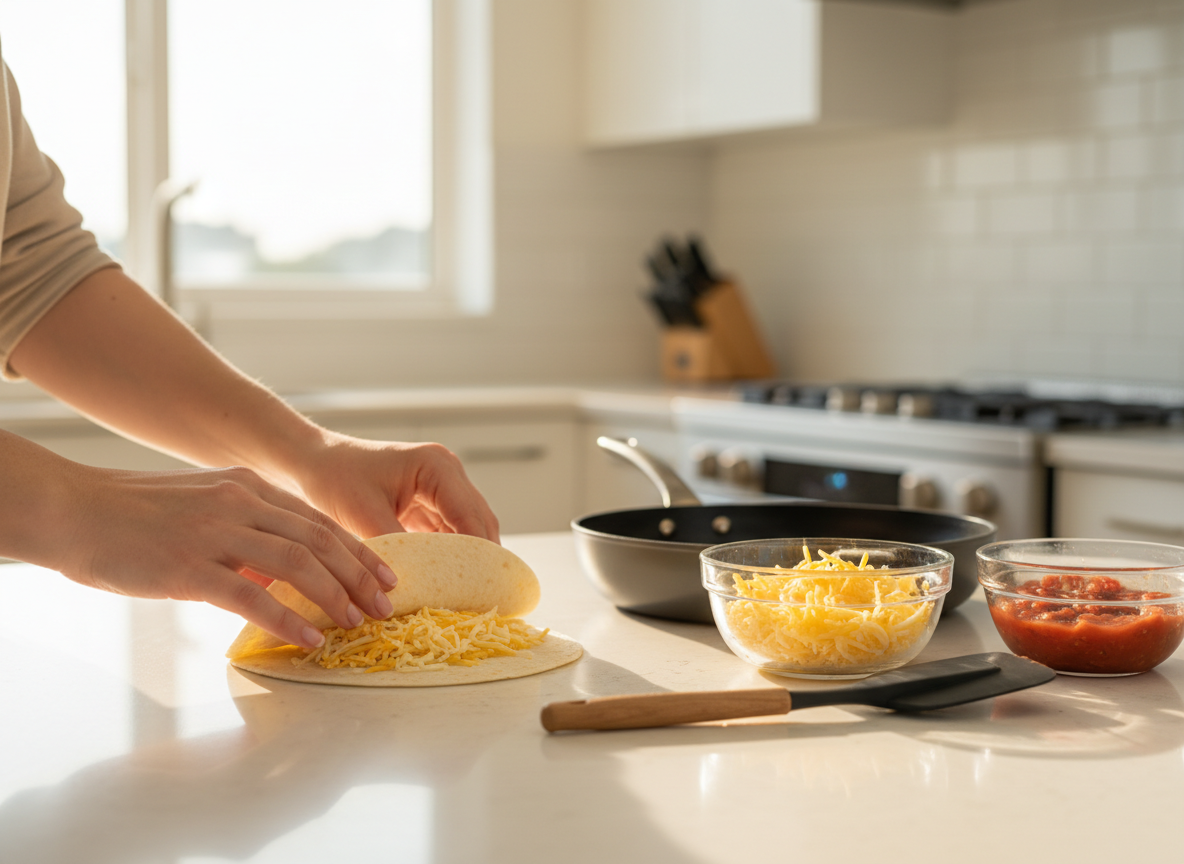Home cook folding cheese tortillas beside skillet