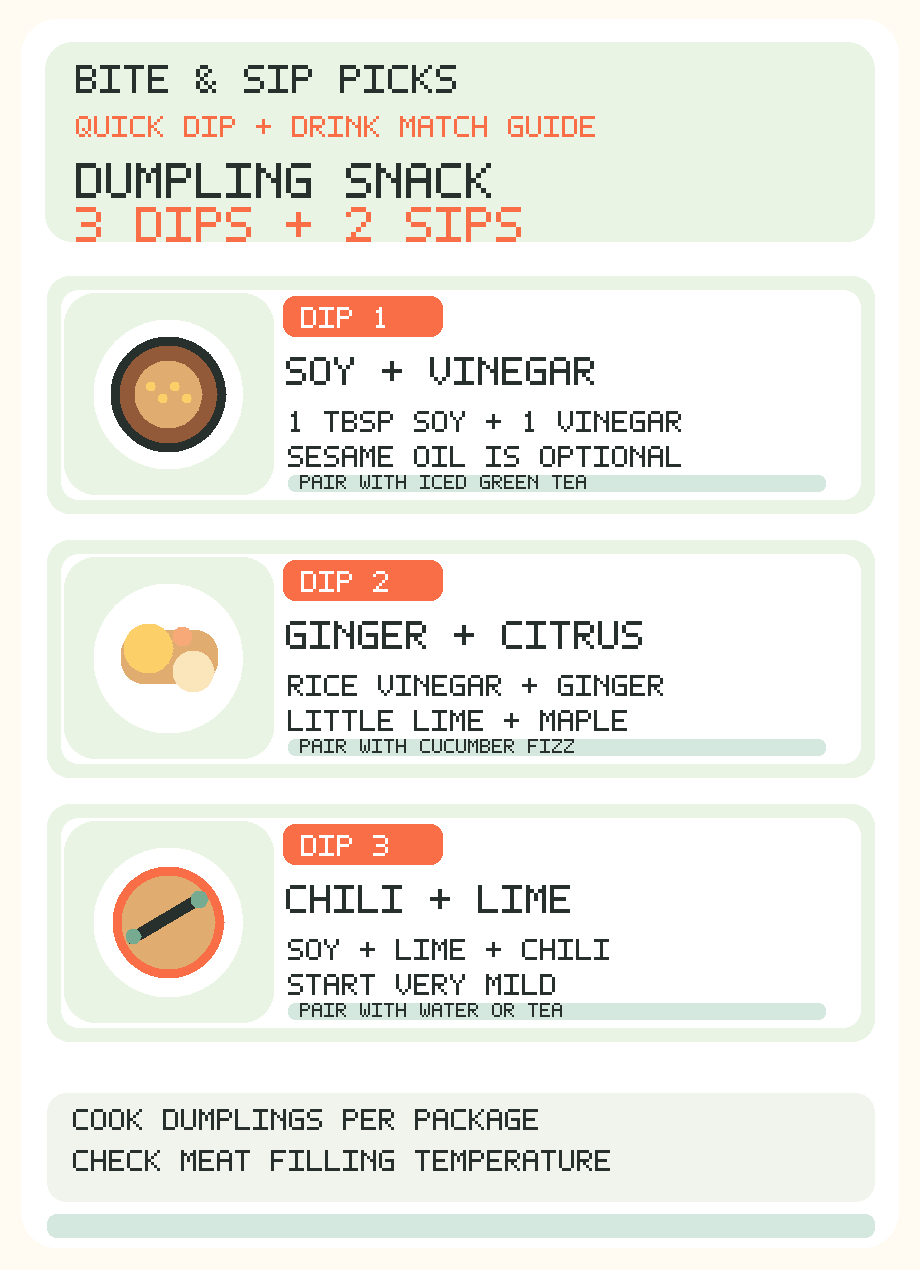 Mobile English infographic shows three frozen dumpling dips tangy soy vinegar mild ginger citrus and spicy chili lime with iced green tea and cucumber lime sparkling water; cook dumplings according to package directions