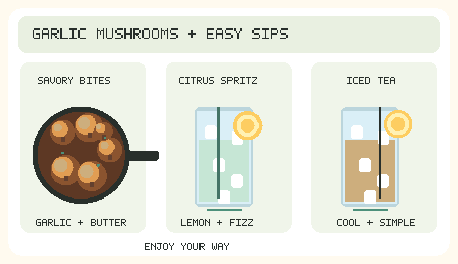 Illustrated easy sip pairings: garlic mushrooms with lemon spritzer and iced tea
