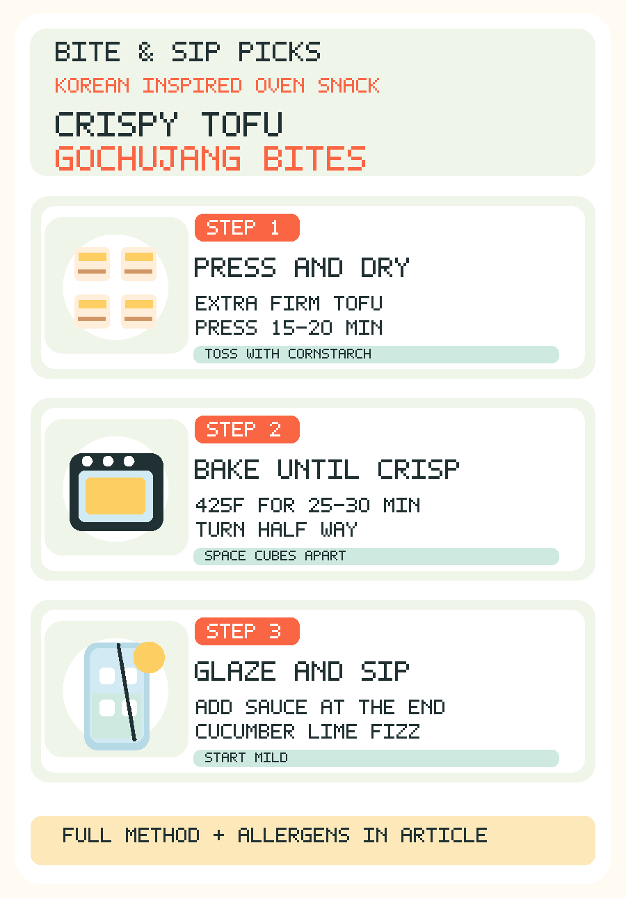 Mobile infographic crispy gochujang tofu press 15-20 minutes, roast at 425F 25-30 minutes and glaze afterwards, serve with iced tea or lime soda