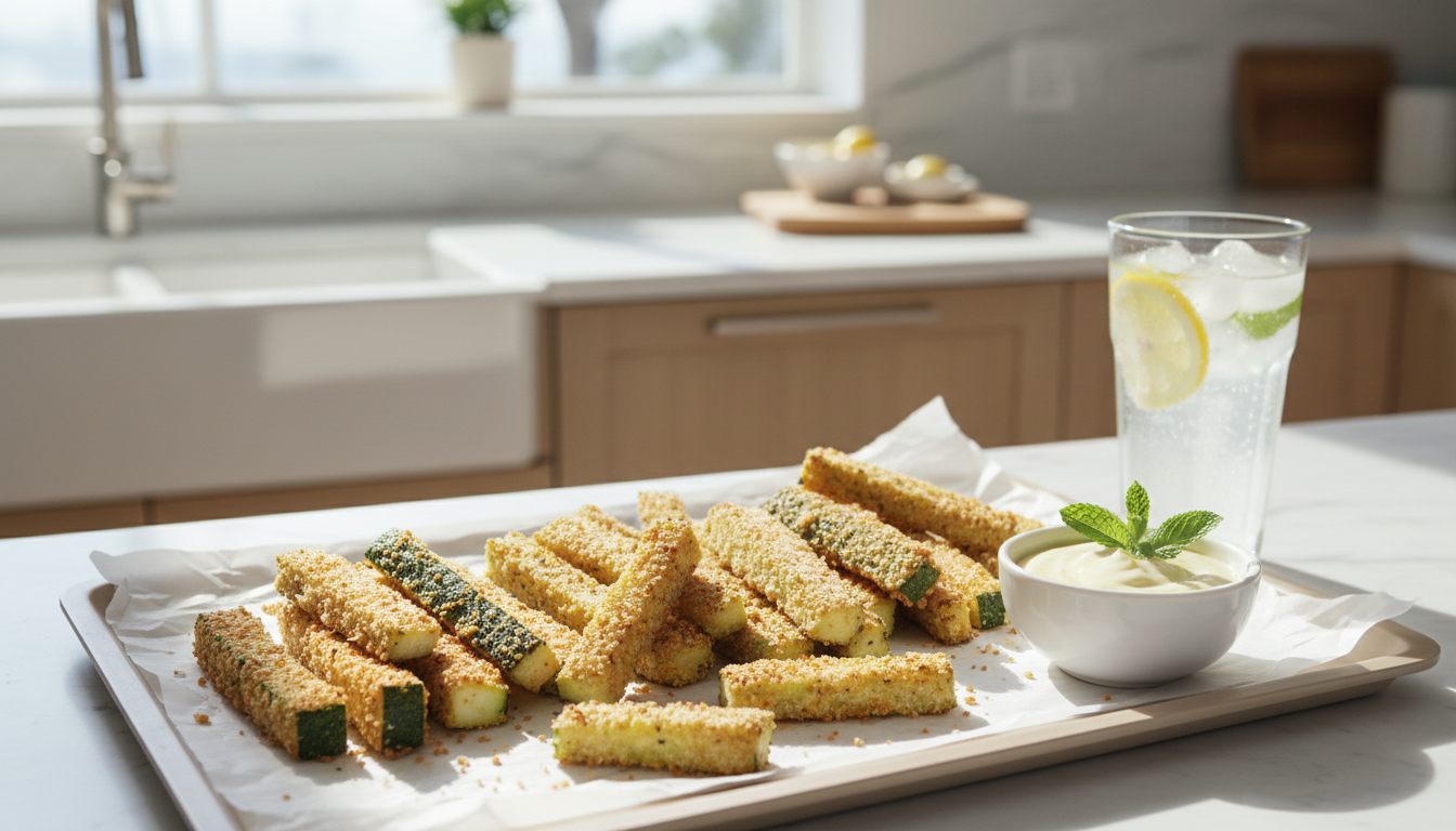 Illustrative golden Parmesan panko breaded zucchini fries with dipping sauce.