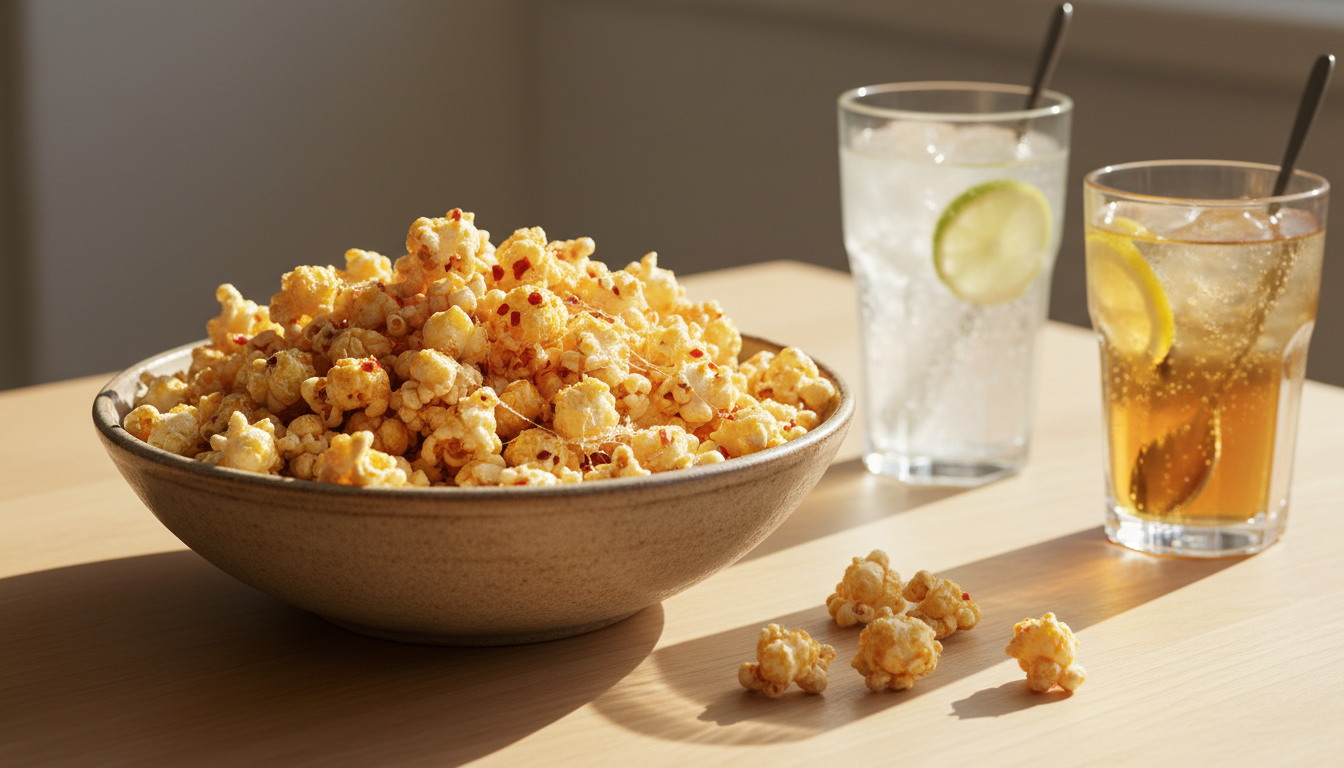 Illustrative bowl of hot honey glazed popcorn and cool refreshing drinks.
