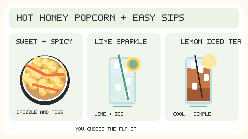 Bite and Sip Picks infographic of hot honey popcorn and lime sparkling water and lemon iced tea