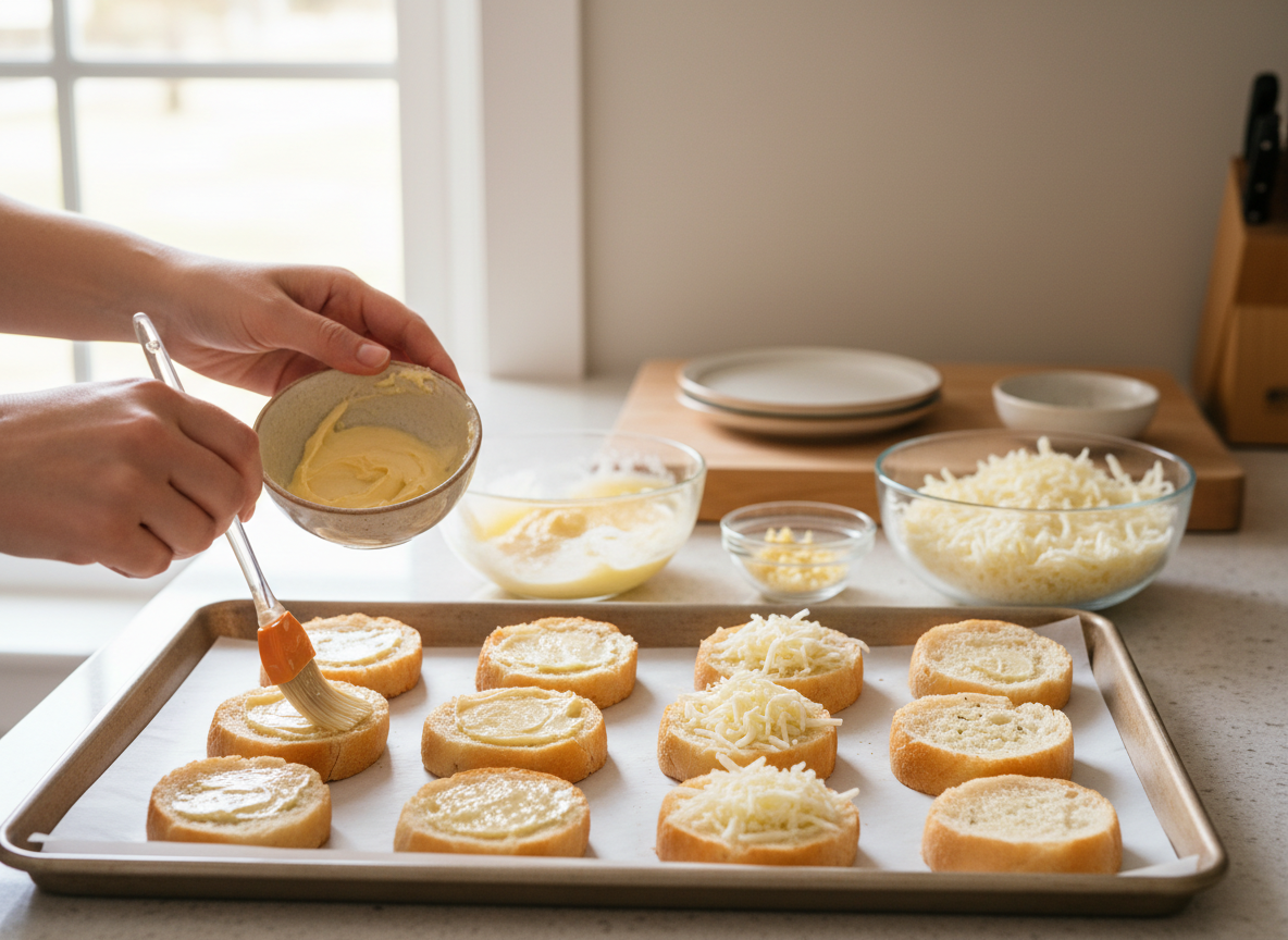 Baguette slices being topped with garlic butter and mozzarella on a tray