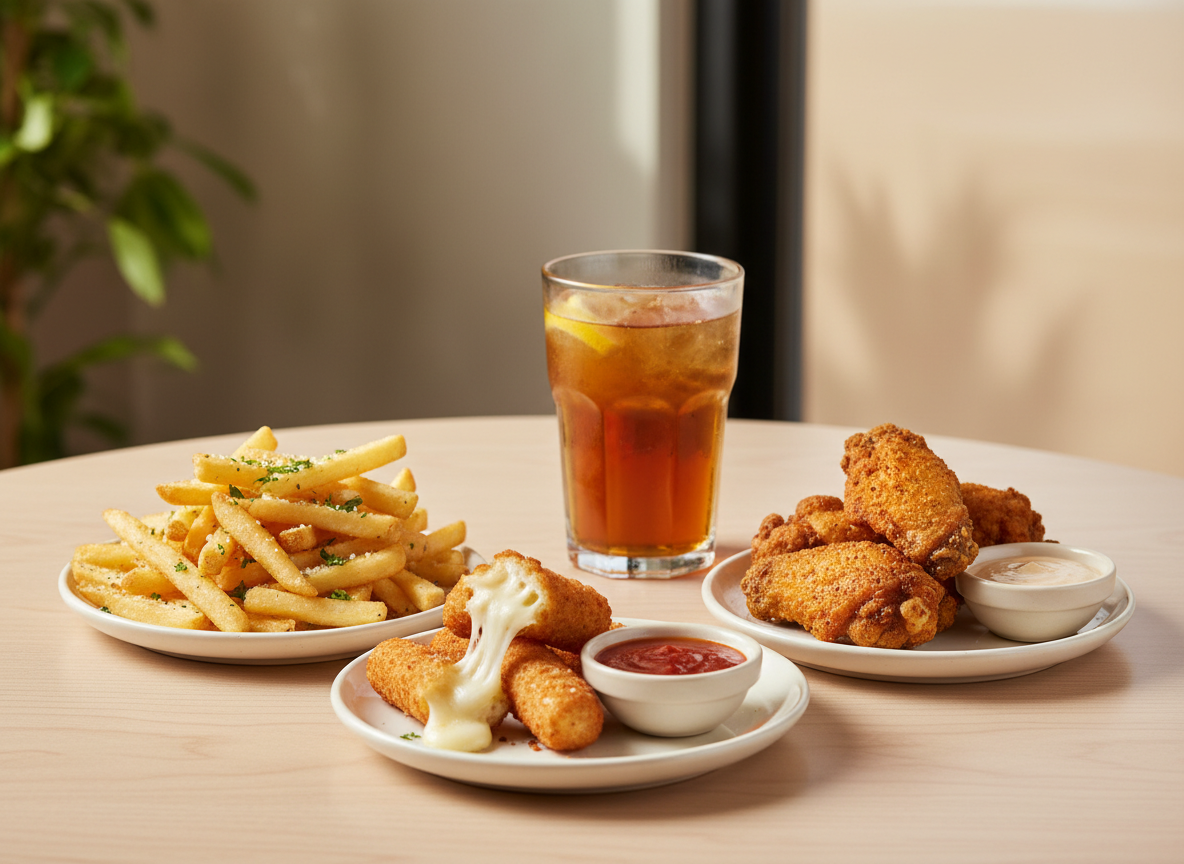 Illustrative fries, wings and mozzarella sticks; not a real restaurant photograph