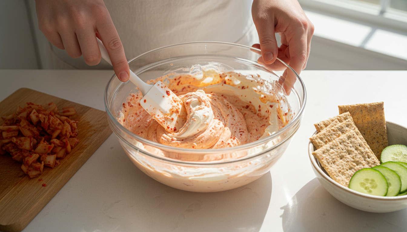 Drained chopped kimchi being folded into softened cream cheese and yogurt in a glass bowl