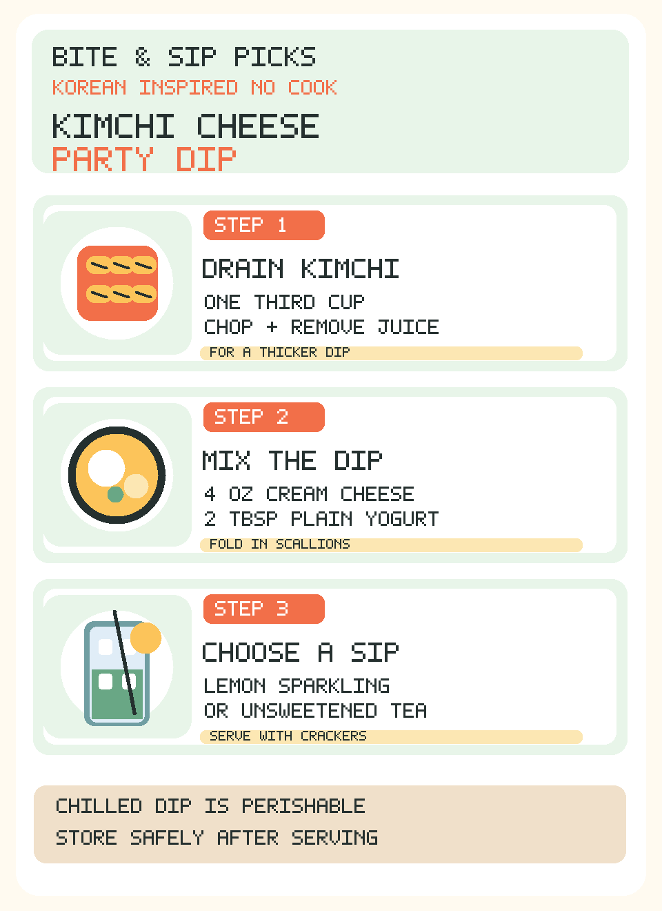 English mobile recipe infographic Korean inspired kimchi cheese dip, drain chopped kimchi, mix cream cheese and yogurt, serve with rice crackers and sparkling lemon water