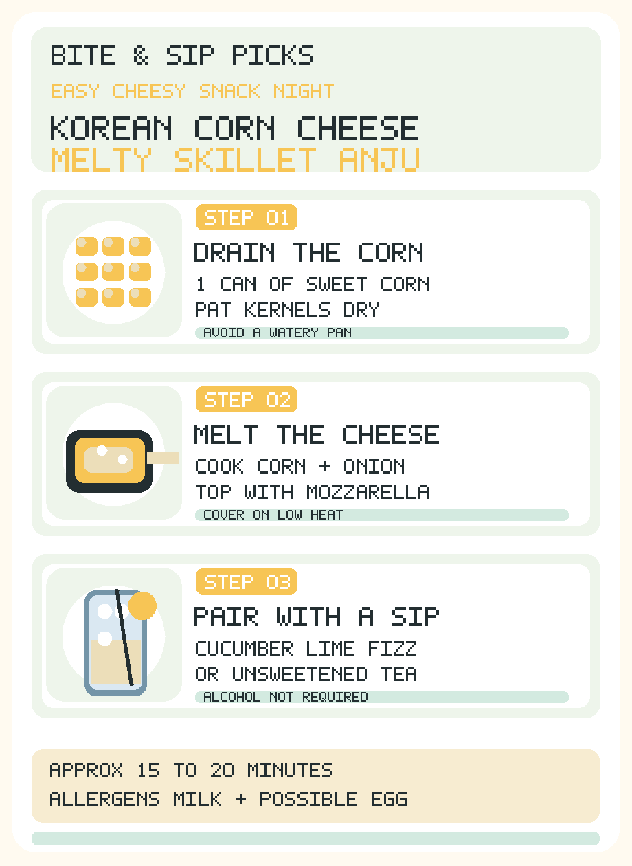 English infographic for Korean corn cheese: drain canned corn, saute with butter and onion, melt mozzarella on low heat, pair with cucumber lime sparkling water or iced tea