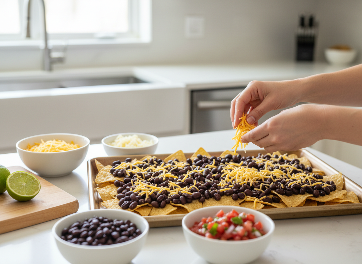 Hands layering cheese and black beans on tortilla chips before baking