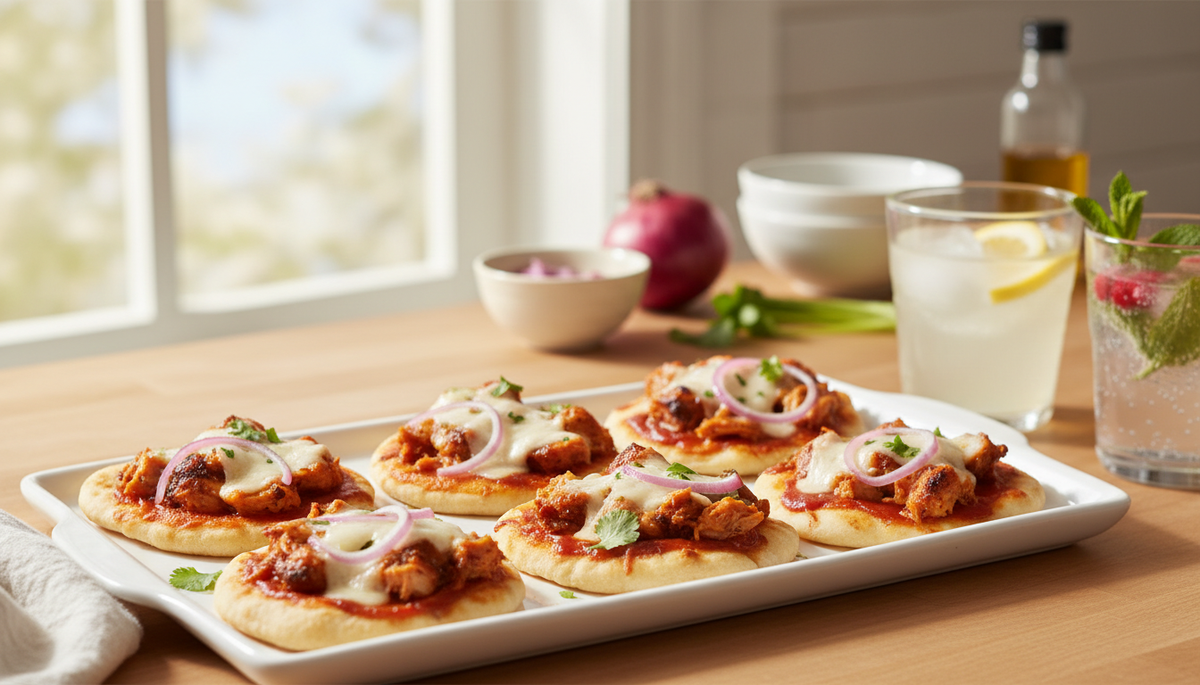 Illustrative mini BBQ chicken flatbread appetizer with cooked chicken, cheese and red onion.