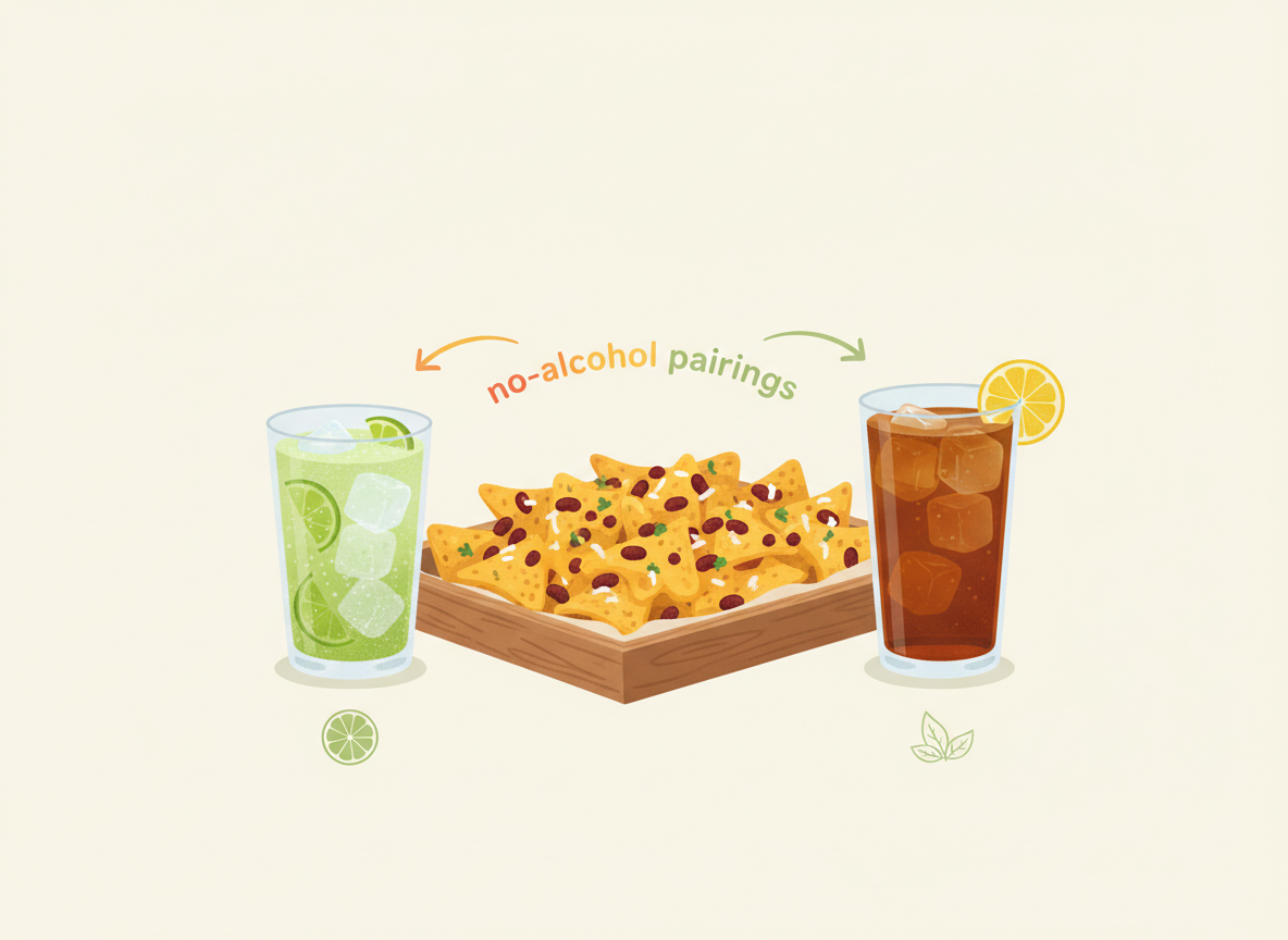 Nachos beside sparkling limeade and iced tea in illustrated pairing diagram