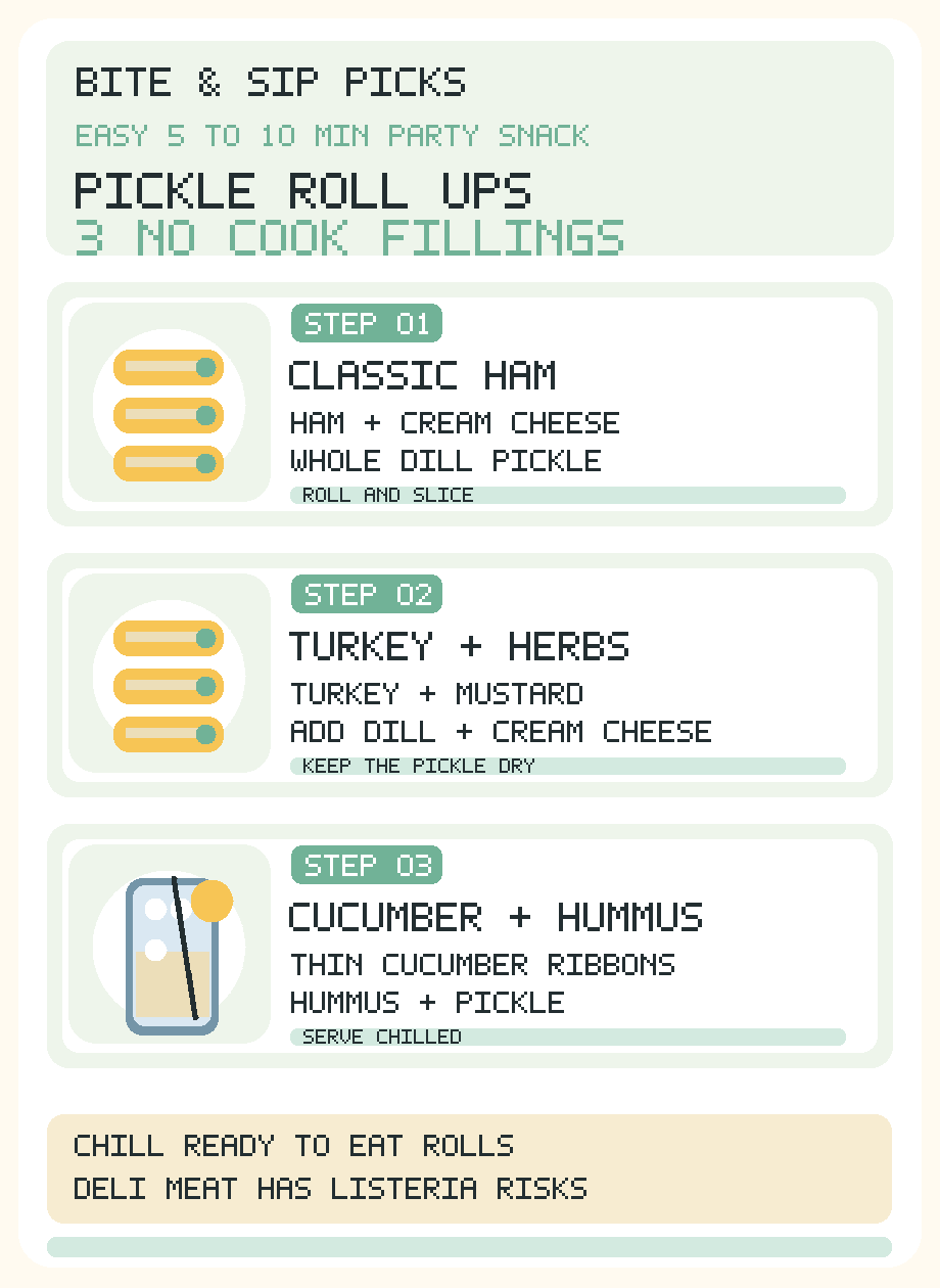 English pickle roll ups infographic: choose ham and cream cheese, turkey mustard herbs, or cucumber ribbons with hummus; roll slice and keep chilled; deli meat safety reminder