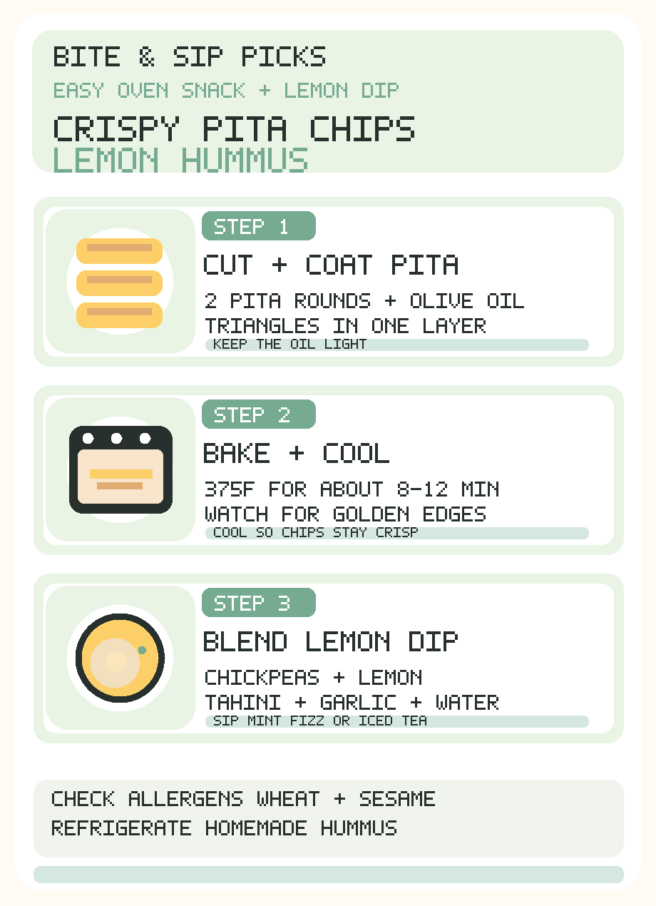 Mobile English step infographic for homemade pita chips and hummus: cut and coat pita, bake at 375 F for around 8 to 12 minutes and cool, blend chickpeas tahini lemon garlic with iced drinks