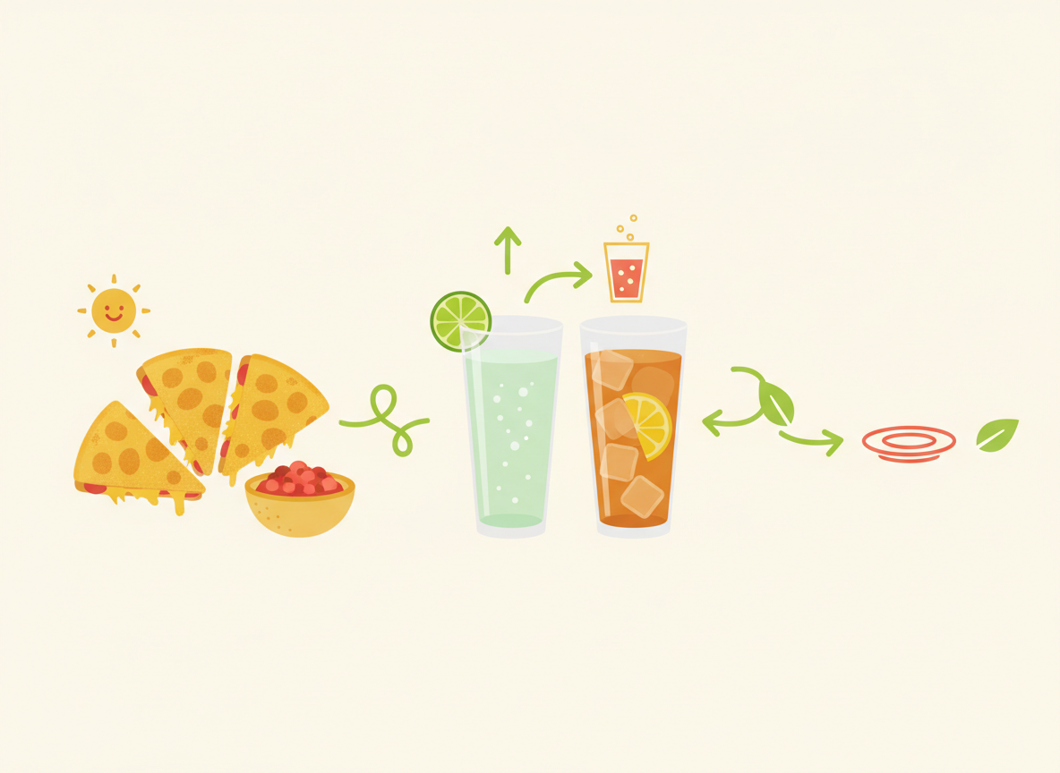 Cheesy quesadilla beside lime sparkling water and iced tea