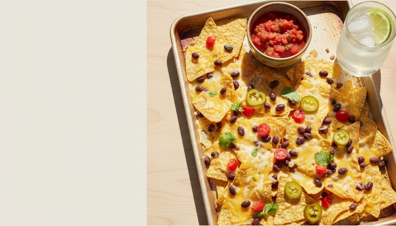 Loaded nachos with melted cheese and black beans alongside a cold lime drink