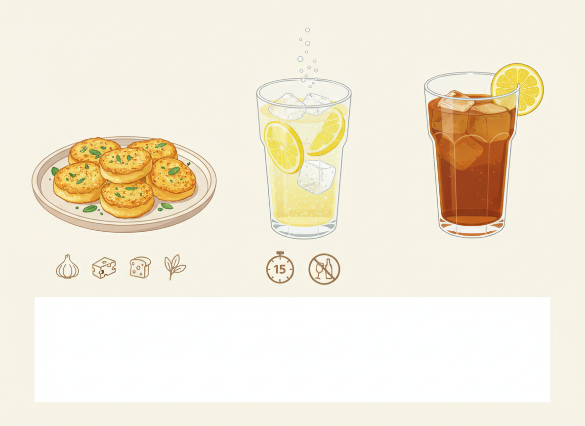 Illustrated garlic cheese toast bites beside lemonade and iced tea