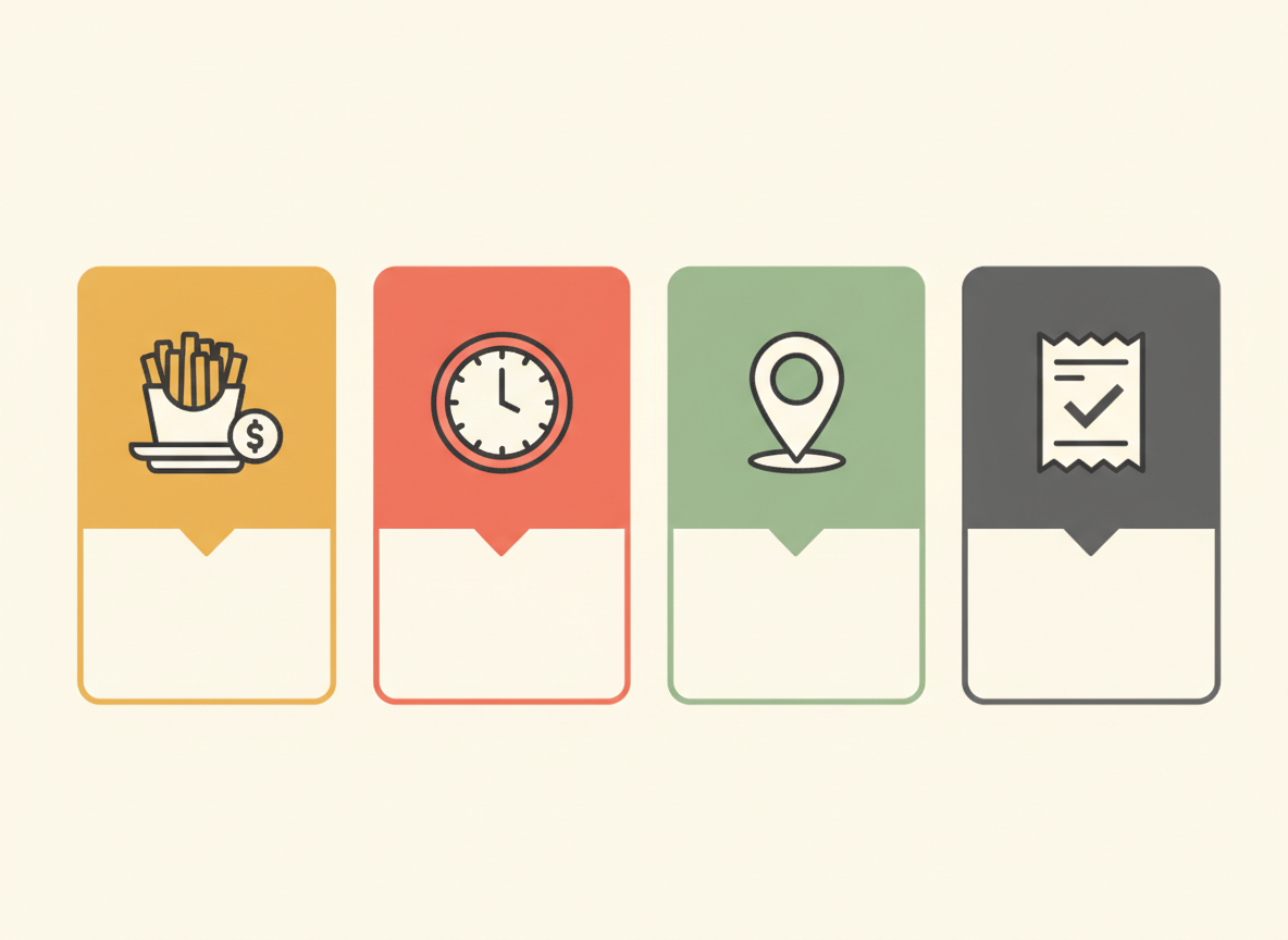 Illustrated menu cost, clock, map pin and receipt checklist