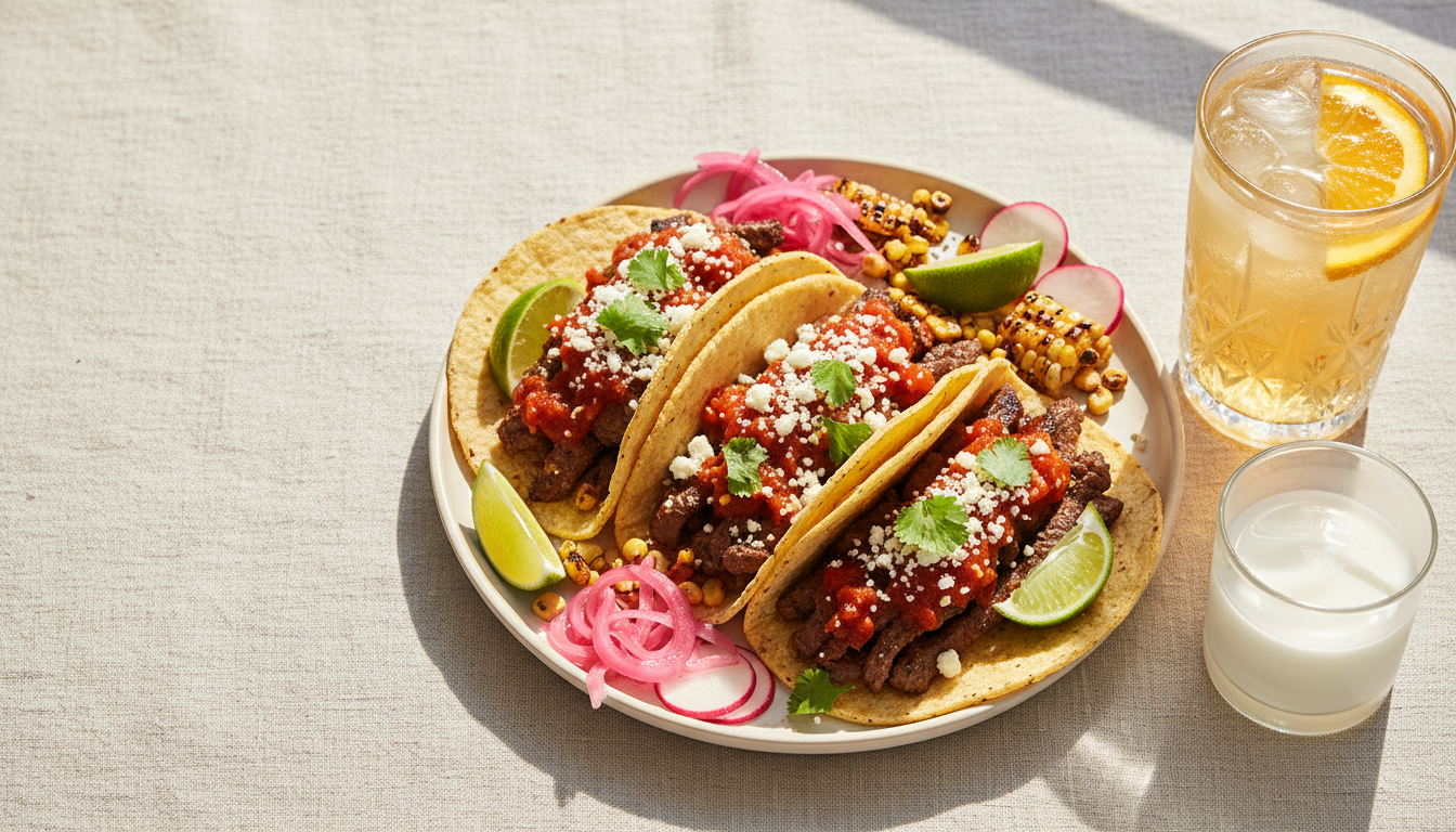 Spicy tacos with refreshing citrus water and milk