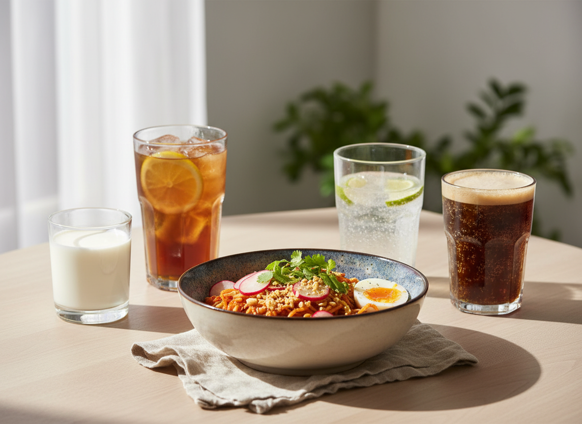 Alcohol-free drinks alongside spicy noodles