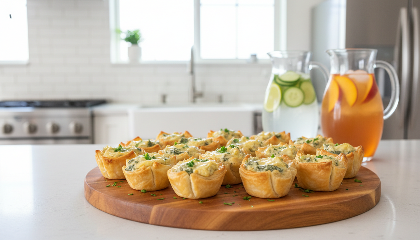 Illustrative baked spinach artichoke dip in individual crispy pastry cups.