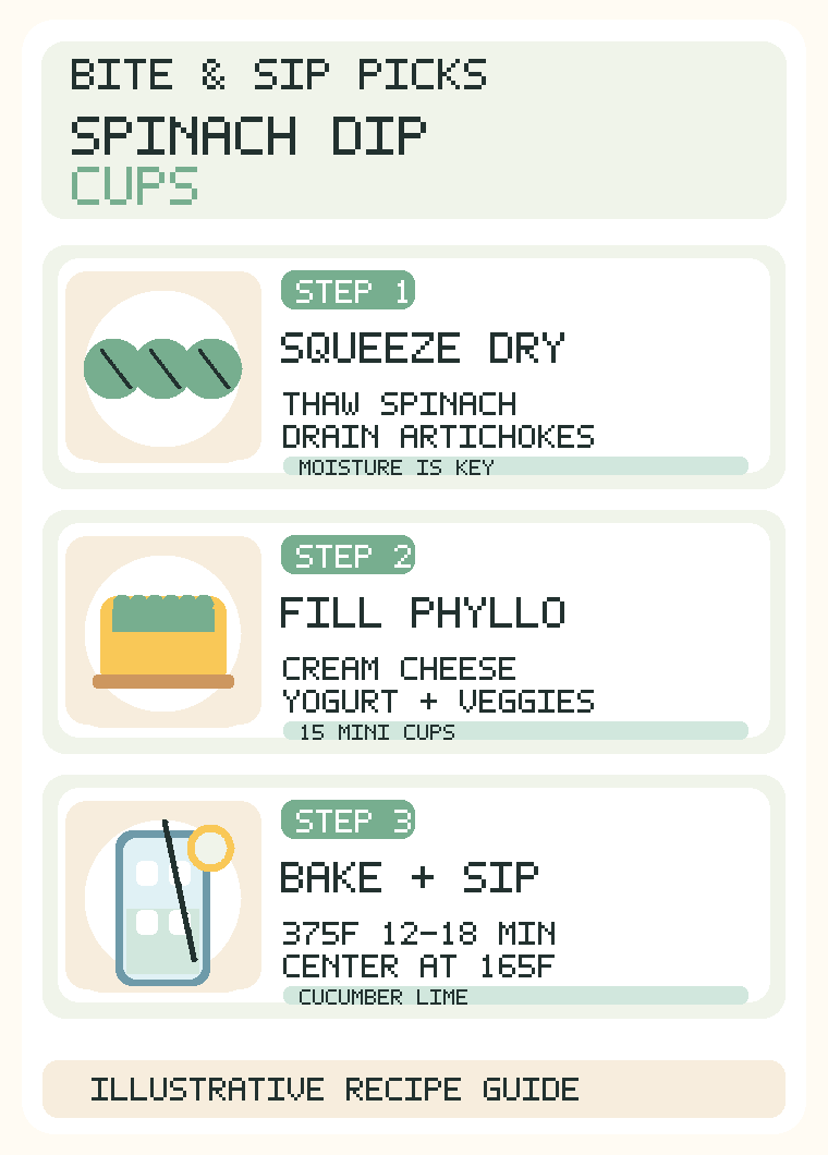 English spinach artichoke dip cups infographic squeeze thawed spinach dry, fill phyllo shells with creamy filling, bake 375 F 12-18 minutes to 165 F