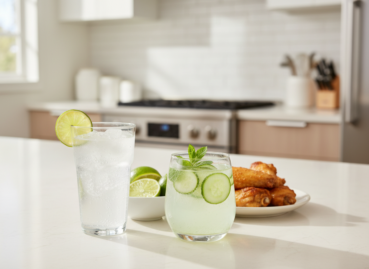 Lime lemonade and cucumber mint fizz glasses