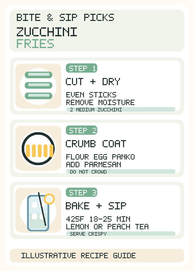 Infographic zucchini fries: cut and dry, coat with Parmesan panko, bake 425 F for 18-25 minutes, serve with lemon mint water or iced tea